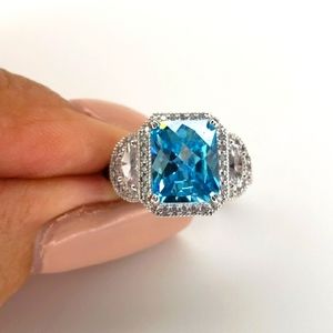 STUNNING Radiant Cut Blue CZ Platinum Sterling Silver Ring